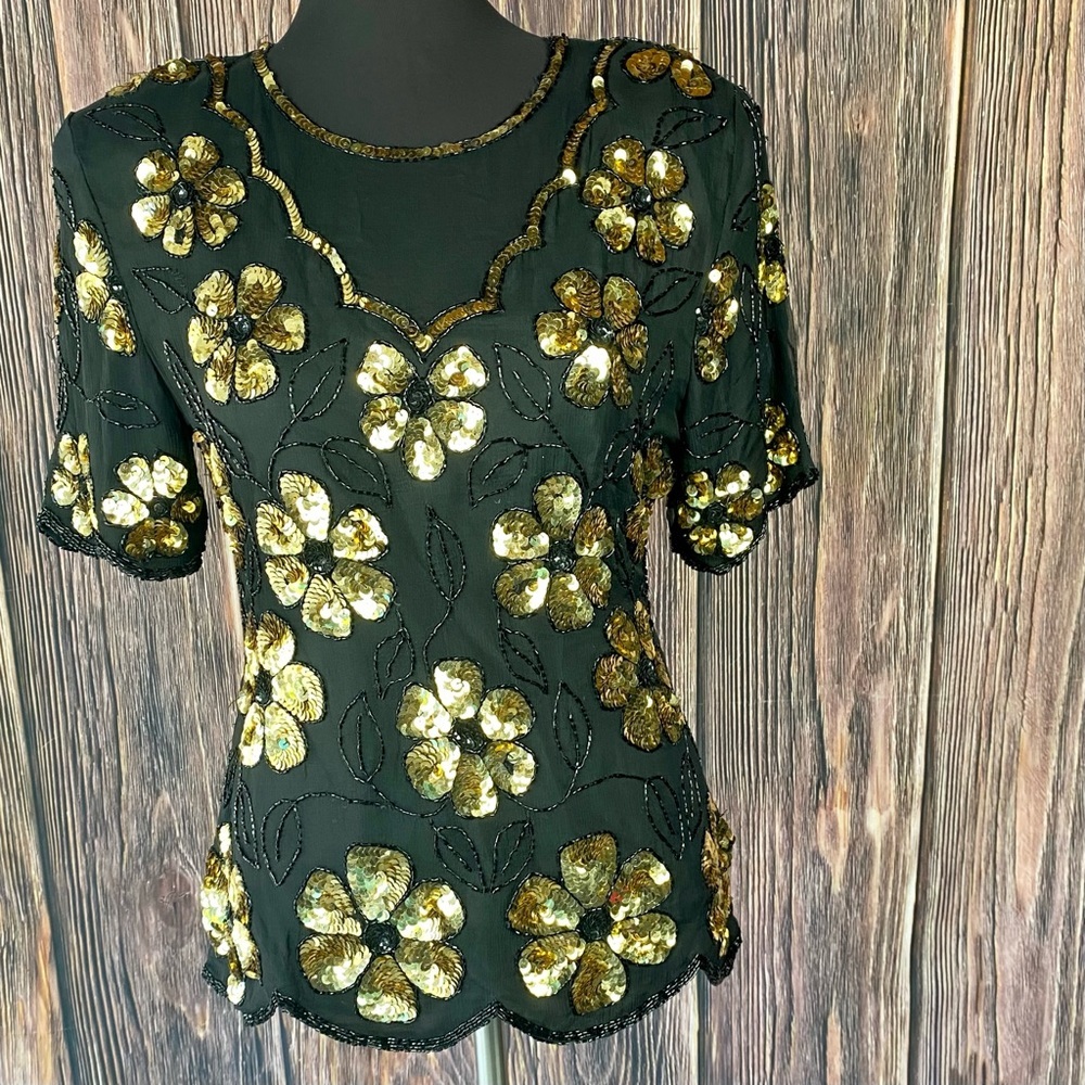VINTAGE 80's STENAY Black & Gold Silk Floral Sequined Beaded Party Formal Blouse
